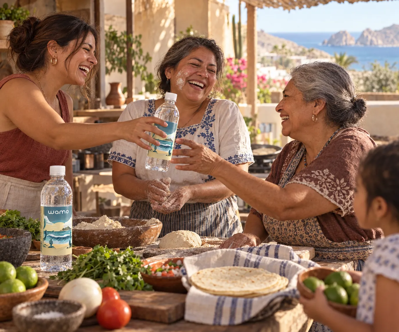 Mujeres cocinan y ríen en una cocina comunitaria
