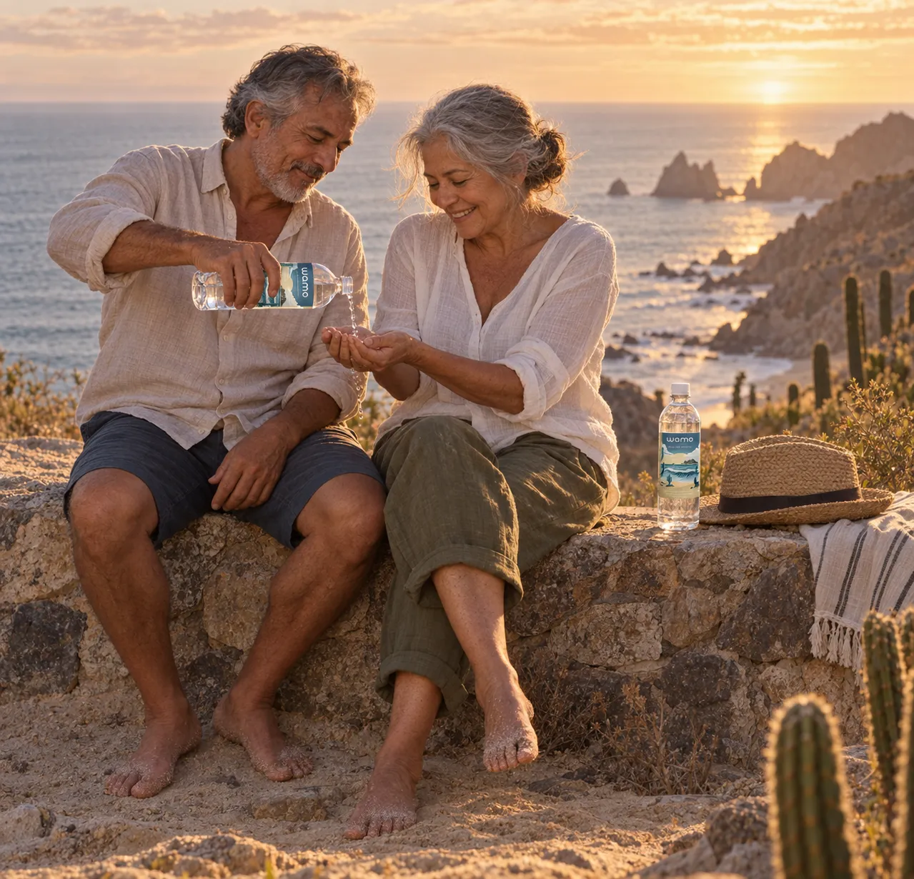 Una pareja mayor comparte agua al atardecer
